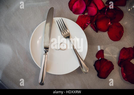 Festive table setting for Valentines Day on light background Stock Photo