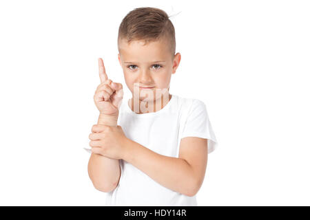 Boy shows something a finger, has an idea Stock Photo