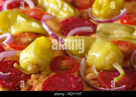 pizza with salami, pepperoni peppers and tomatoes macro horizontal Stock Photo