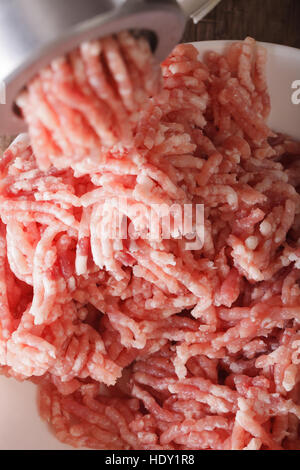 Meat grinder close-up: preparing minced macro. vertical Stock Photo