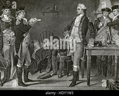 John Andre (1750-1780). British Army officer. Executed as spy by the Continental Army during the American Revolutionary War for its collaboration with Benedict Arnold's (1741-1801) conspiracy. The death warrant of Major Andre for treason in 1780. Engraving. 19th century. Stock Photo