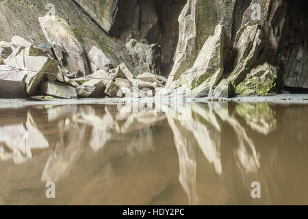 Rock formation in Cathedral Quarry in the Little Langdale area of the Lake District national park. Stock Photo