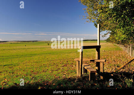 A fence stile leading onto the Cursus, part of the Stonehenge World Heritage Site. Stock Photo