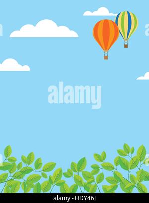 Background for springtime, border of leaves at bottom, balloons in blue sky, large copy space Stock Vector