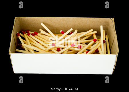 A box of strike-anywhere matches isolated on a black background. Photographed from the side. Stock Photo