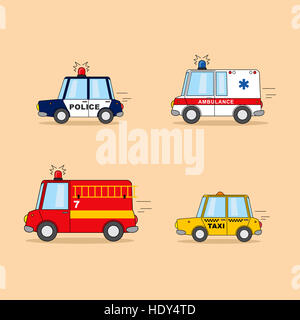 Set of cartoon cars. Police car, ambulance, firefighter truck, taxi. Stock Photo