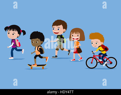 Children going to school. Cartoon illustration of cute five kids on their way to school. Stock Photo