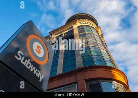 Looking up at the Buchanan galleries from the entrace to Glasgow subway in Buchanan st. Stock Photo