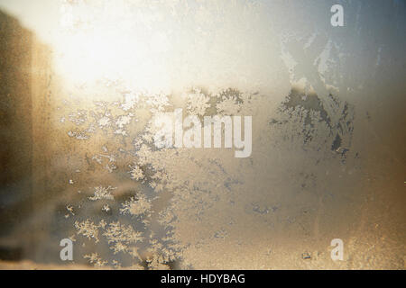Frosty patterns on glass. Winter Christmas mood. Texture, Stock Photo