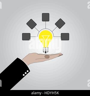 Hand holding lightbulb concept. Business idea, solution innovative technology. Creative ideas. Vector illustration. Electric lamp in hand. Invention,  Stock Vector