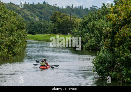 Kayaking on the Wailua River, Kauai, Hawaii. Stock Photo