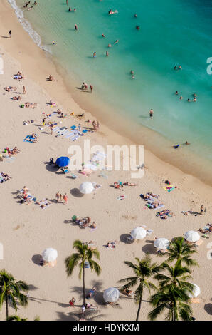 Beach umbrellas aerial view Waikiki Beach, Waikiki, Honolulu, Oahu, Hawaii. Stock Photo