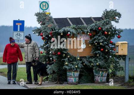 Wernfried and Adelheid Meyer stand next to the decorated the bus stop in their village located near the river Elbe with 24 inhabitants, Viehle, Germany, 15 December 2016. For decades now the 72-year-old has been decorating the small wooden house with branches of greenery and up to 300 glitter balls. The bus only comes during the week, fetching one child for school. The decorated bus stop has become a popular destination for outings on advent weekends. Photo: Jens Büttner/dpa-Zentralbild/dpa Stock Photo