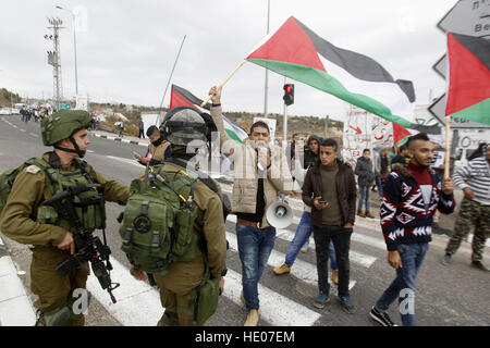 Beit Jala, West Bank, Palestinian Territory. 16th Dec, 2016. Peace activists hold placards during a joint Israeli-Palestinian peace march along the Israeli controversial separation wall in the West Bank city of Beit Jala between Bethlehem and Jerusalem, on December 16, 2016 © Wisam Hashlamoun/APA Images/ZUMA Wire/Alamy Live News Stock Photo