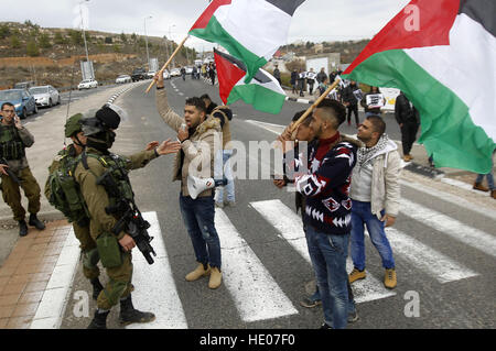 Beit Jala, West Bank, Palestinian Territory. 16th Dec, 2016. Peace activists hold placards during a joint Israeli-Palestinian peace march along the Israeli controversial separation wall in the West Bank city of Beit Jala between Bethlehem and Jerusalem, on December 16, 2016 © Wisam Hashlamoun/APA Images/ZUMA Wire/Alamy Live News Stock Photo