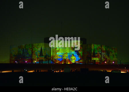 Dhaka, Bangladesh. 16th Dec, 2016. Bangladesh Planning Ministry organized a 3D wall projection on the Parliament House during the Victory Day in Dhaka, Bangladesh. On December 16, 2016 Bangladesh marks its 45th Victory Day to commemorate the victory of the Allied forces High Command over the Pakistani forces in the Bangladesh Liberation War in 1971. Bangladesh became a free nation on 16 December 1971 after a nine-month bloody war with Pakistan. © Mamunur Rashid/Alamy Live News Stock Photo