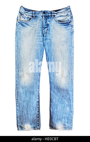 Blue torn denim jeans isolated on white background. Clipping path inside. Stock Photo