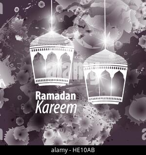 Watercolor black blob illustration Ramadan kareem mubarak. Beautiful islamic stylized lantern traditional greeting card wishes holy month and karim Stock Vector