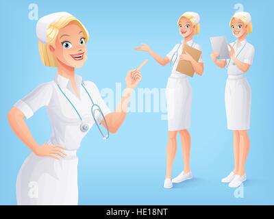 Smiling medical nurse in uniform in various poses. Vector set. Stock Vector