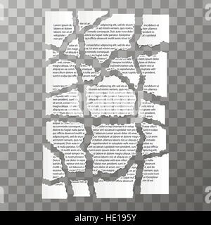 White torn paper pieces of text document on transparent background Stock Vector