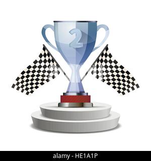 Bright glossy winner cup for second place on pedestal with flags, isolated on white Stock Vector
