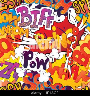A lot of bright multi colored comic sound effects, seamless pattern Stock Vector