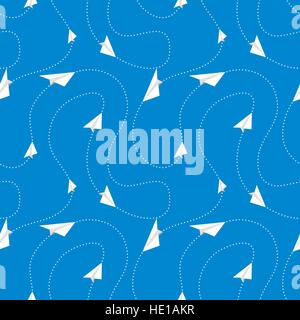 Paper airplanes fly on routes on blue background, seamless pattern Stock Vector