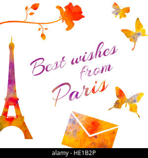 Paris. Set of watercolor objects. Tower, rose, letter, envelope. best wishes from Paris For postcards decoration Stock Photo