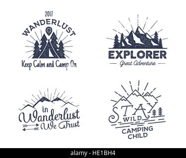 Set of outdoors activity badges. Retro illustration of outdoor activity labels. Typography and roughen style. Vector outdoors activity logo with lette Stock Vector