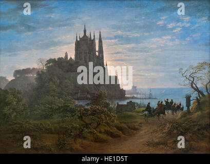 Karl Friedrich Schinkel (1781-1841), Gothic Church on a Rock by the Sea, 1815. Gotische Kirche auf einem Felsen am Meer. Stock Photo