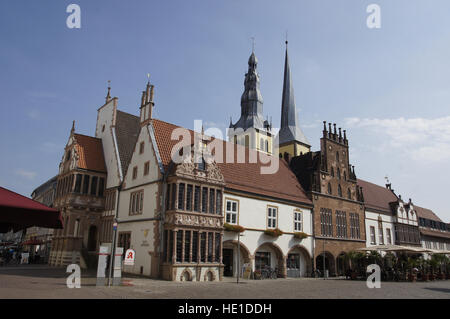 st. nicolai church, old pharmacy and town hall at the market square, lemgo, lippe district, north rhine-westphalia, germany Stock Photo