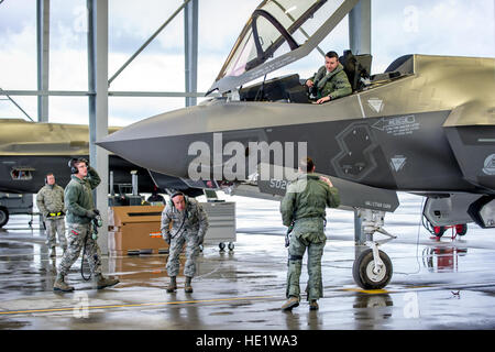 Maj. Thomas Hayes, foreground, confers with Maj. Brent Golden, in the cockpit, as Senior Airman Justin Wilmath, left, and Senior Airman Joseph Young, ready an F-35A of the 31st Test and Evaluation Squadron, a tenant unit at Edwards Air Force Base, Calif., for a test flight at Mountain Home AFB, Idaho, Feb 18, 2016. Six operational test and evaluation F-35s and more than 85 Airmen of the 31st TES travelled to Mountain Home AFB to conduct the first simulated deployment test of the F-35A, specifically to execute three key initial operational capability mission sets: suppression of enemy air defen Stock Photo