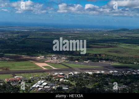 Aerial view of Wheeler Army Airfield as it looks today, taken from the same angle of the historic photo taken from a Japanese plane showing it ablaze during the attack on Pearl Harbor, Dec 7, 1941.  TSgt Brandon Shapiro Stock Photo