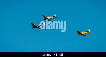 A formation of WWII-era T-6 'Texan' training aircraft perform a flyover before the funeral service for Elaine Danforth Harmon, who served as a Women Airforce Service Pilot WASP during World War II, at Arlington National Cemetery, Sept. 7, 2016. Harmon's family worked since her death in April of 2015, at 95 years old, to reverse a U.S. Army decision, that same year, to revoke the eligibility for WASPs for interment at Arlington. The WASPs, a paramilitary organization that ferried military aircraft and towed aerial training targets, were awarded military status in 1977 and determined to be eligi Stock Photo