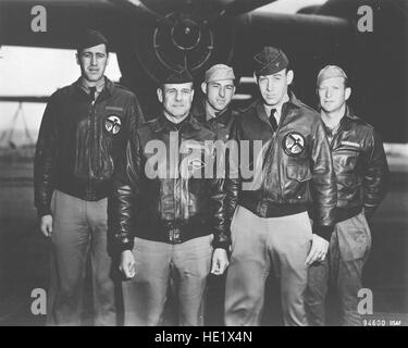 Crew No. 1 Plane #40-2344, target Tokyo: 34th Bombardment Squadron, Lt. Col. James H. Doolittle, pilot; Lt. Richard E. Cole, copilot; Lt. Henry A. Potter, navigator; SSgt. Fred A. Braemer, bombardier; SSgt. Paul J. Leonard, flight engineer/gunner. Cole is the last surviving member of the 'Doolittle Raid' crews, having celebrated his 101st birthday. Stock Photo