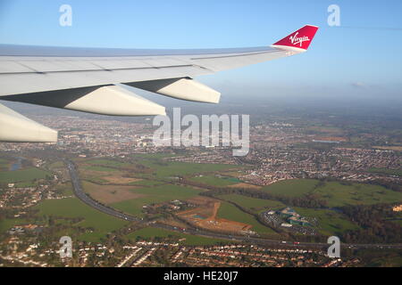 View from a Virgin plane over the Thames valley in Henley-on-Thames, UK Stock Photo