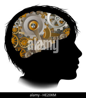 Silhouette of a boy childs head with a brain made up of gears or cogs workings machine parts Stock Photo