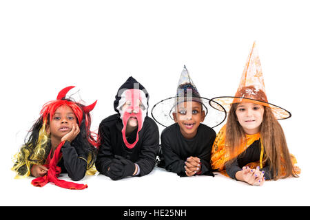 Kids with face-paint and Halloween costumes isolated in white Stock Photo