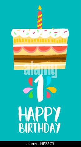 Happy birthday number 1, greeting card for one year in fun art style with cake and candles. Anniversary invitation, congratulations or celebration Stock Vector