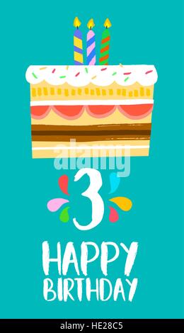 Happy birthday number 3, greeting card for three years in fun art style with cake and candles. Anniversary invitation, congratulations or celebration Stock Vector