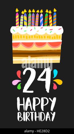 Happy birthday number 24, greeting card for twenty four years in fun art style with cake and candles. Anniversary invitation, congratulations Stock Vector