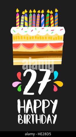 Happy birthday number 27, greeting card for twenty seven years in fun art style with cake and candles. Anniversary invitation, congratulations Stock Vector