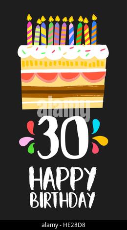 Happy birthday number 30, greeting card for thirty years in fun art style with cake and candles. Anniversary invitation, congratulations Stock Vector