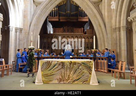 Great Choir  from Wells Cathedral Choir on Easter Day rehearsing for evensong in the nave, Wells Cathedral. Stock Photo