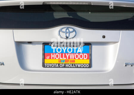 Hollywood car plate on Toyota car in Downtown Los Angeles,L.A.,California,USA.United,States,of,America, Stock Photo