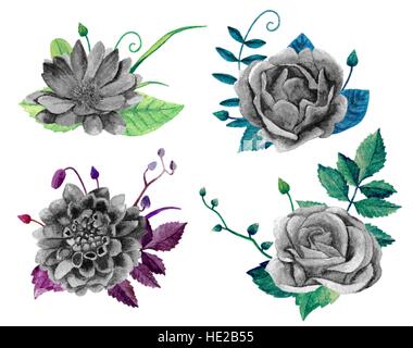 Watercolor black and white floral bouquet. Boho chic flowers vector clip art Stock Vector