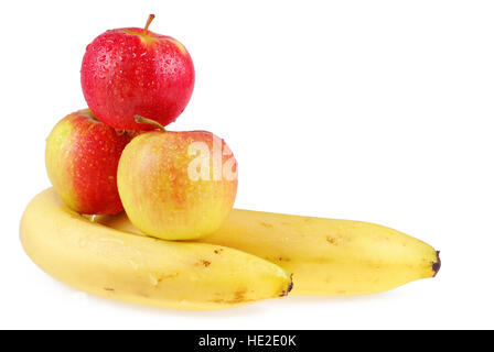 Dewy apples and bananas on a white background Stock Photo
