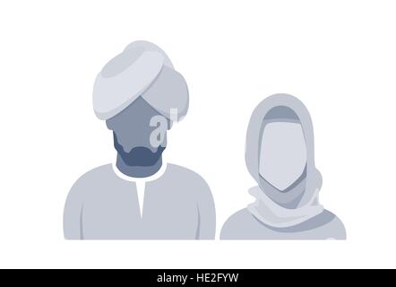 Arab Profile Icon Male And Female Avatar Man Woman, Muslim Cartoon Couple Portrait Stock Vector