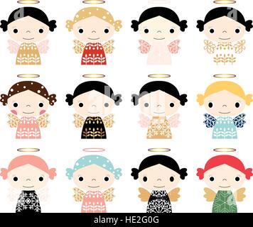 Cute Christmas angel ornaments with halo in flat style Stock Vector