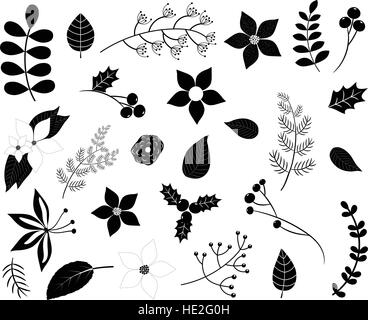 Black winter foliage silhouettes with flowers, leaves, branches and berries isolated on white Stock Vector